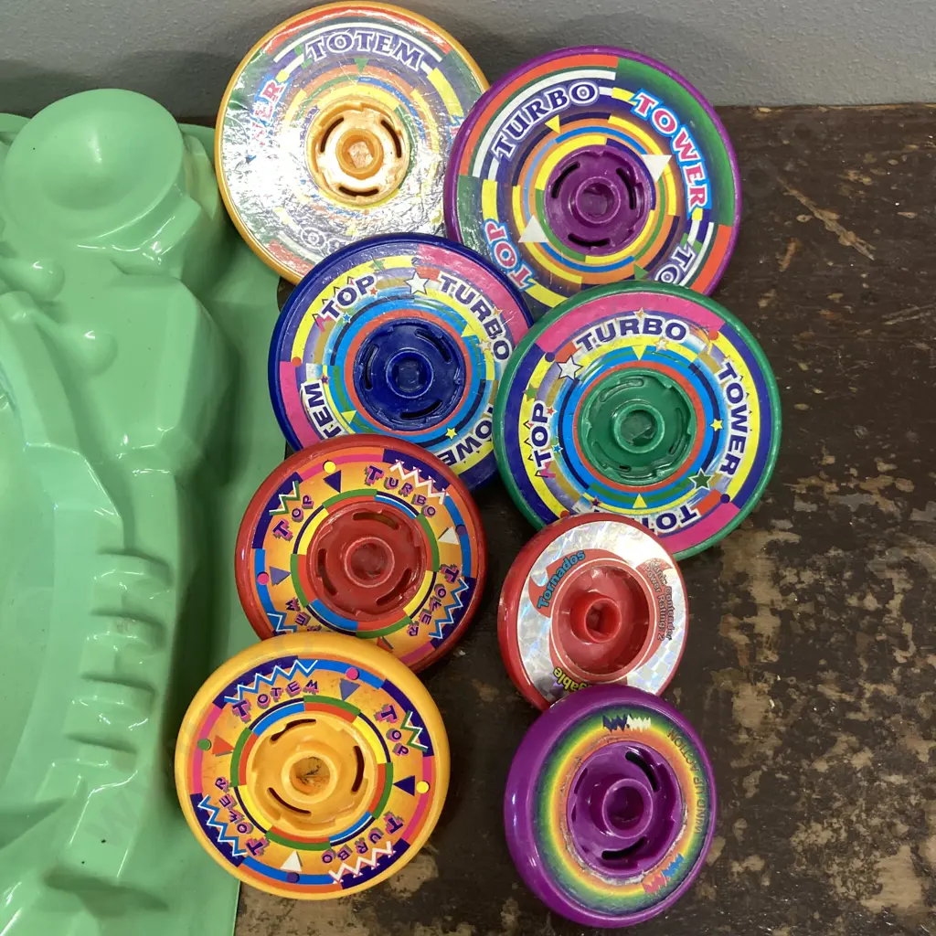 Vintage Turbo Tower Totem Tops, Assorted Beyblades, Plastic Arena Etc Image 1++